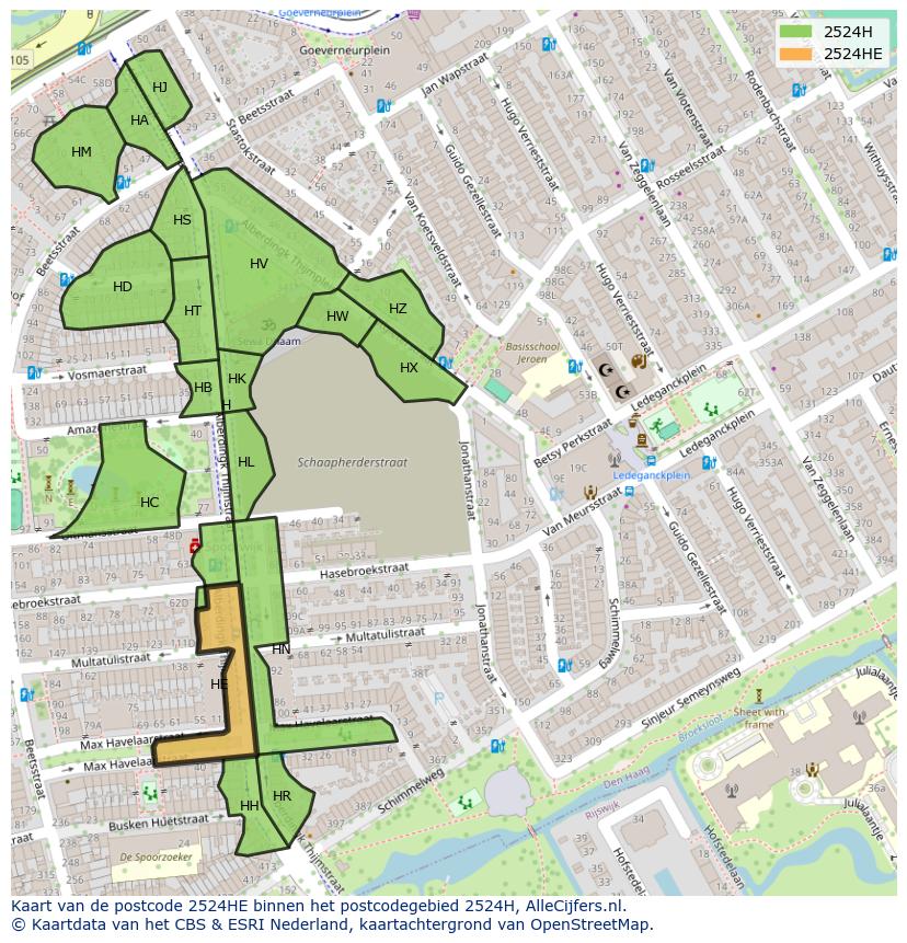 Afbeelding van het postcodegebied 2524 HE op de kaart.