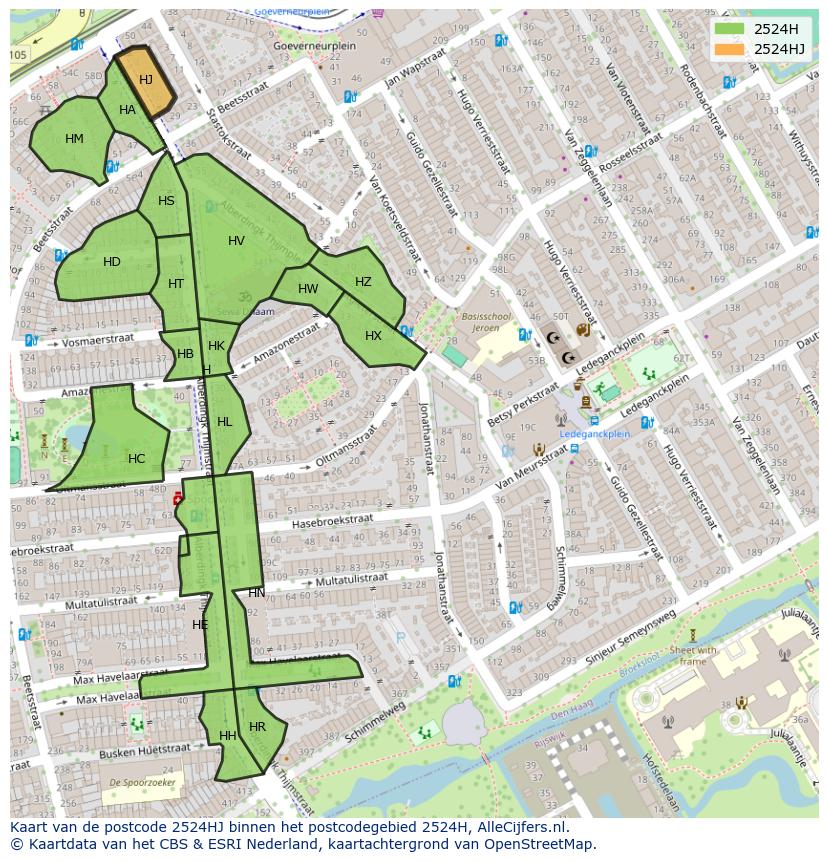 Afbeelding van het postcodegebied 2524 HJ op de kaart.