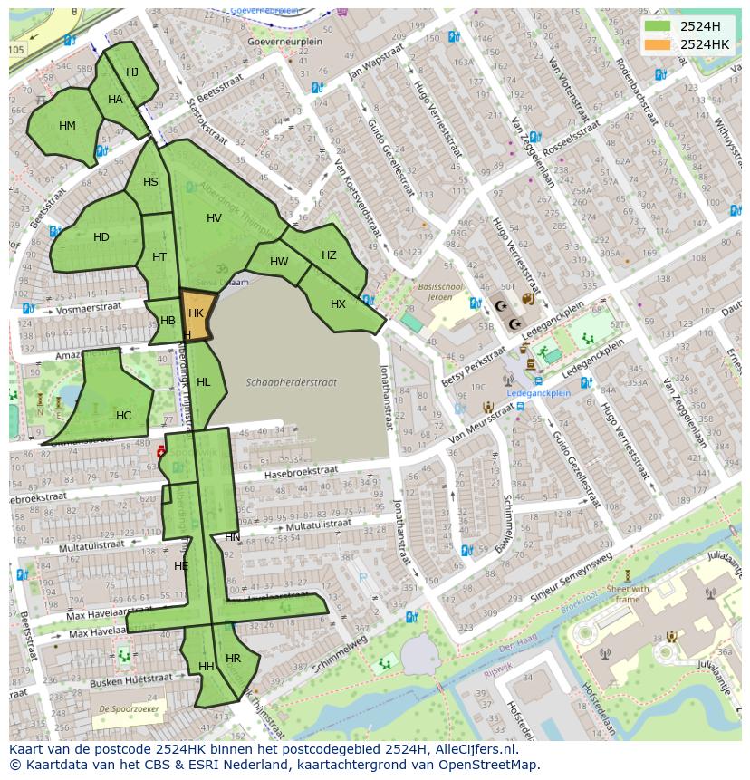Afbeelding van het postcodegebied 2524 HK op de kaart.