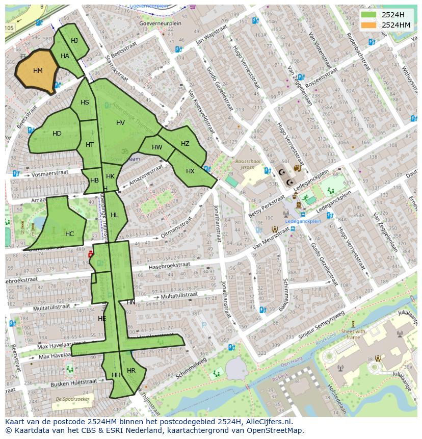 Afbeelding van het postcodegebied 2524 HM op de kaart.