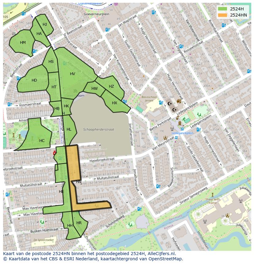 Afbeelding van het postcodegebied 2524 HN op de kaart.