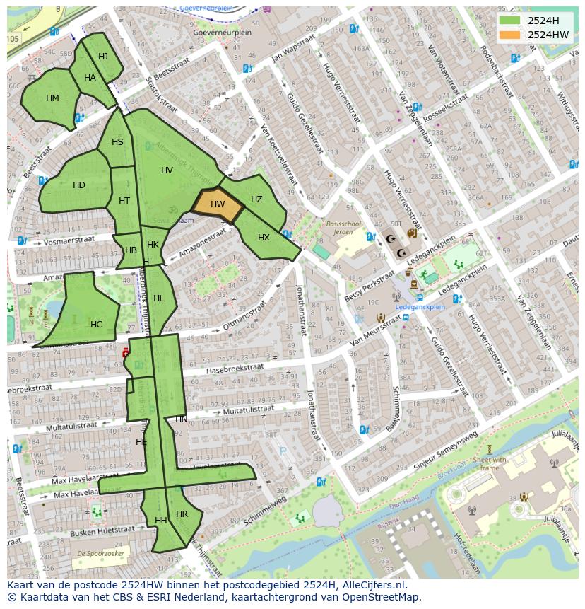 Afbeelding van het postcodegebied 2524 HW op de kaart.