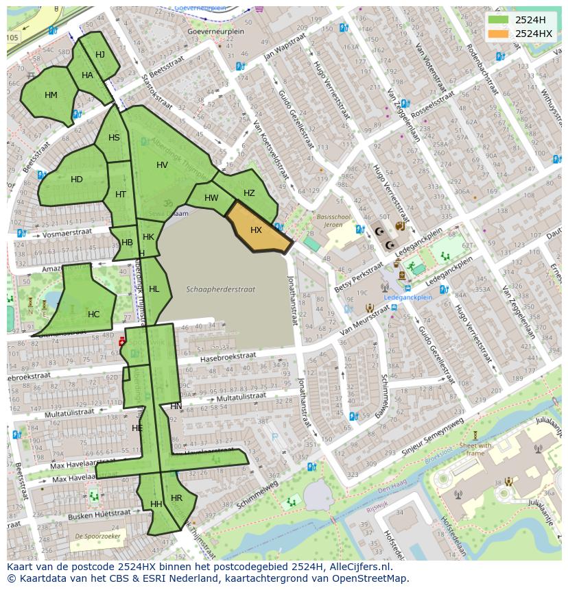 Afbeelding van het postcodegebied 2524 HX op de kaart.