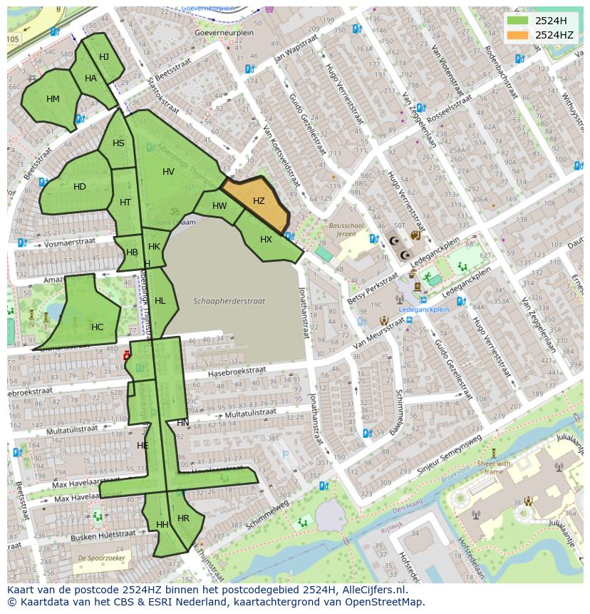 Afbeelding van het postcodegebied 2524 HZ op de kaart.