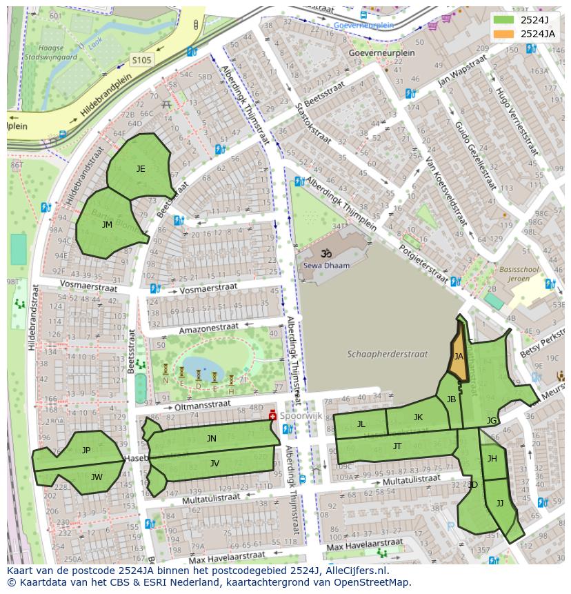 Afbeelding van het postcodegebied 2524 JA op de kaart.