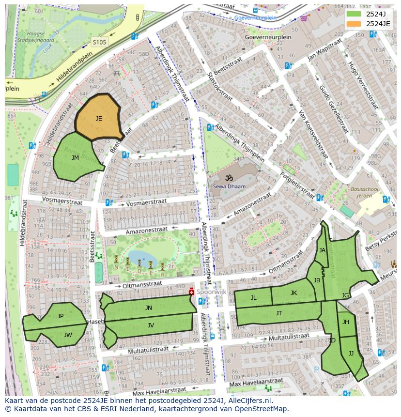 Afbeelding van het postcodegebied 2524 JE op de kaart.