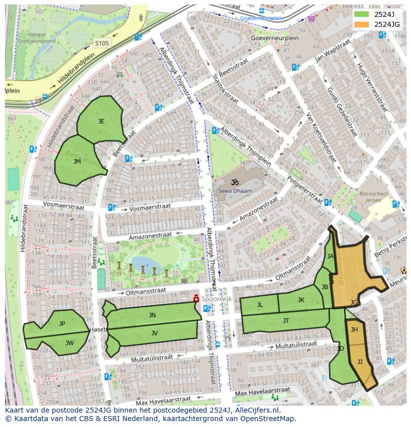 Afbeelding van het postcodegebied 2524 JG op de kaart.