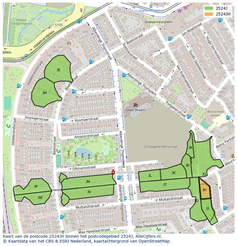 Afbeelding van het postcodegebied 2524 JH op de kaart.