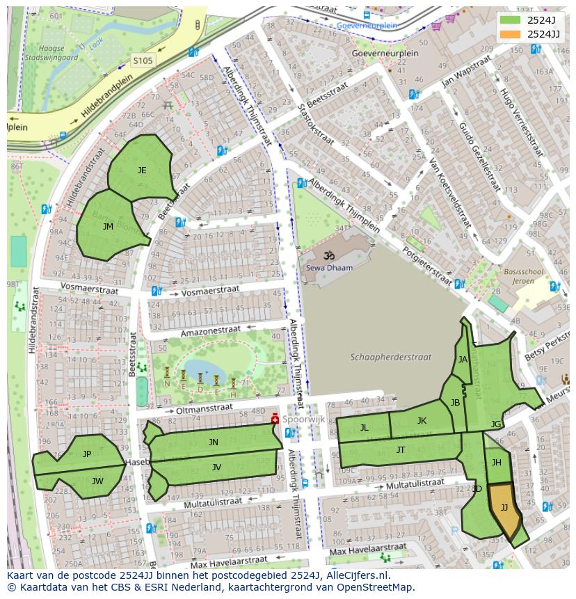 Afbeelding van het postcodegebied 2524 JJ op de kaart.