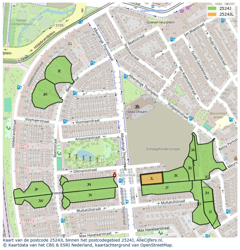 Afbeelding van het postcodegebied 2524 JL op de kaart.
