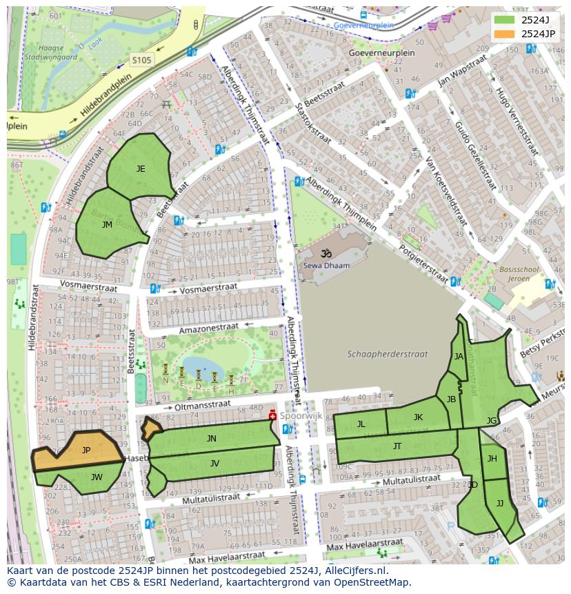 Afbeelding van het postcodegebied 2524 JP op de kaart.