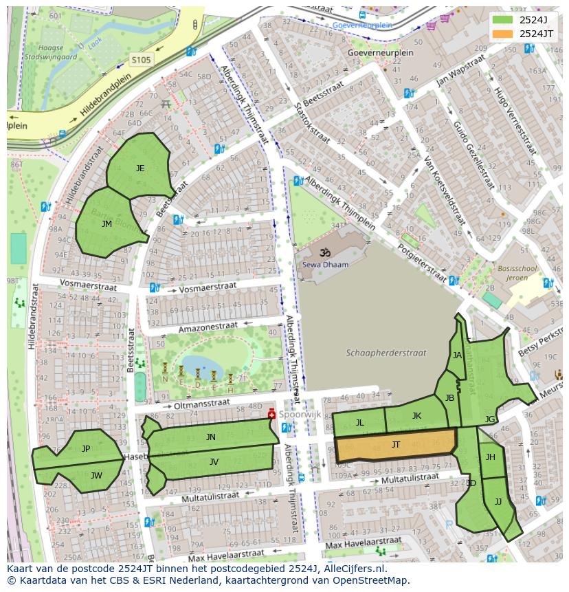 Afbeelding van het postcodegebied 2524 JT op de kaart.