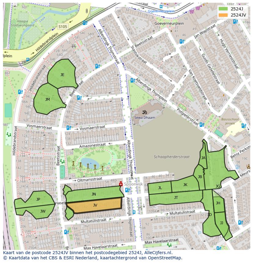 Afbeelding van het postcodegebied 2524 JV op de kaart.
