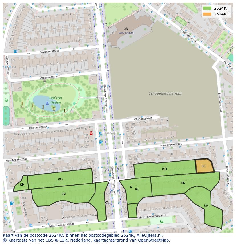 Afbeelding van het postcodegebied 2524 KC op de kaart.