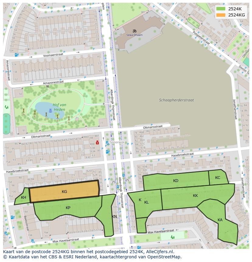 Afbeelding van het postcodegebied 2524 KG op de kaart.