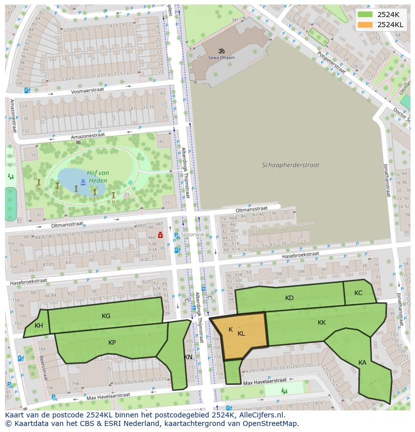 Afbeelding van het postcodegebied 2524 KL op de kaart.