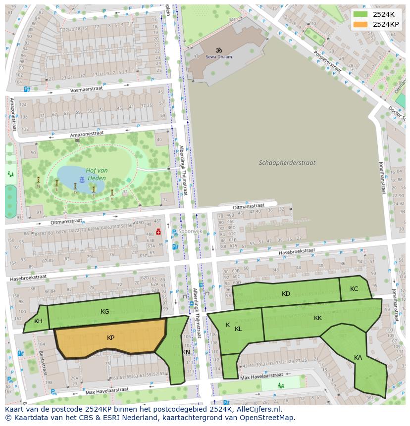 Afbeelding van het postcodegebied 2524 KP op de kaart.