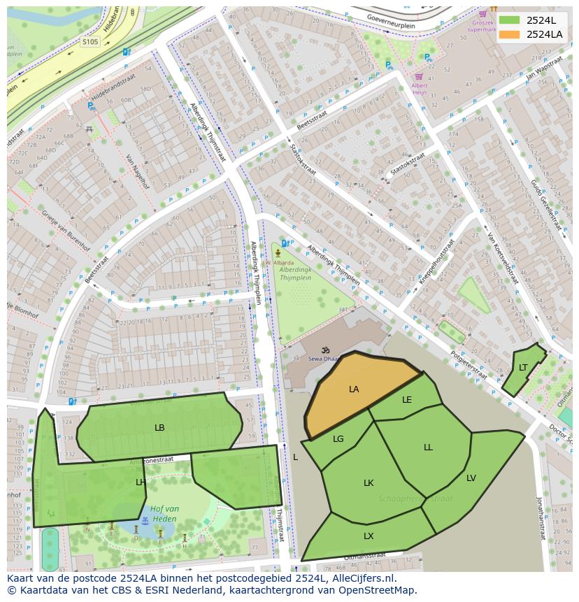 Afbeelding van het postcodegebied 2524 LA op de kaart.