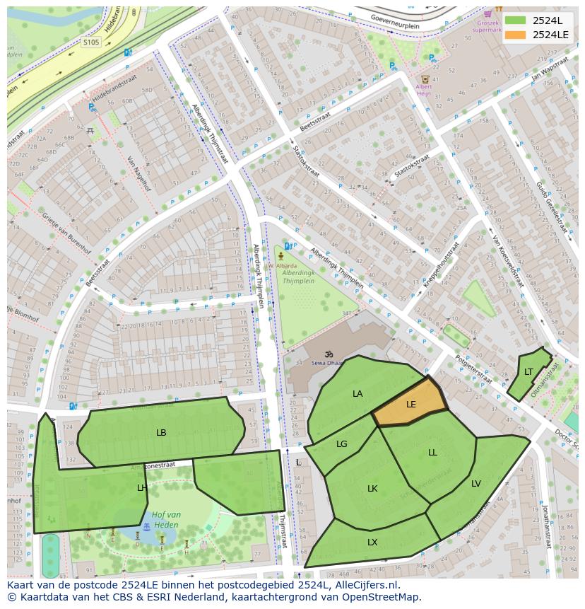 Afbeelding van het postcodegebied 2524 LE op de kaart.