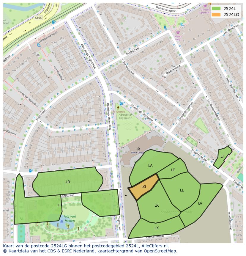 Afbeelding van het postcodegebied 2524 LG op de kaart.