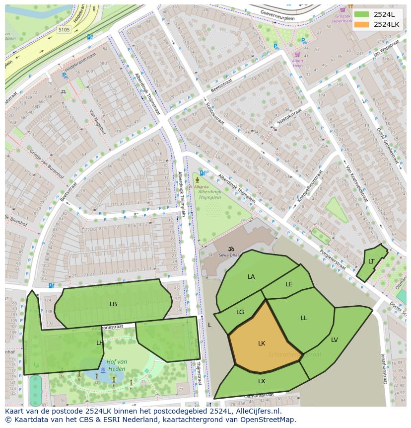 Afbeelding van het postcodegebied 2524 LK op de kaart.
