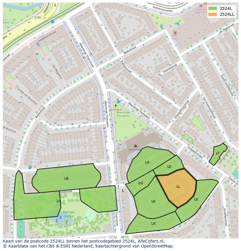 Afbeelding van het postcodegebied 2524 LL op de kaart.
