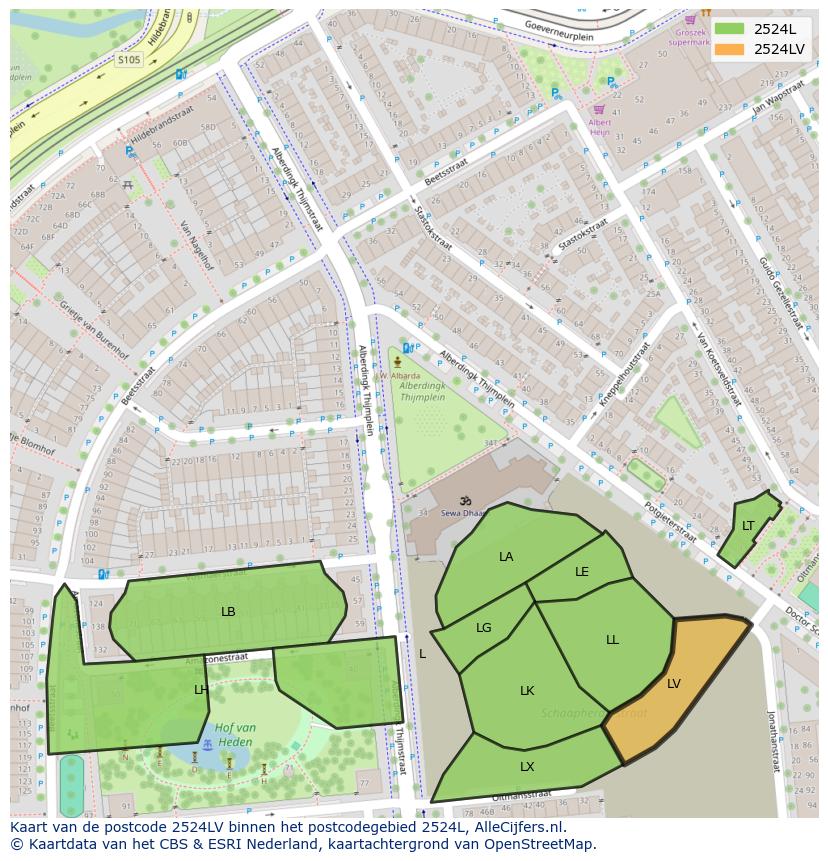 Afbeelding van het postcodegebied 2524 LV op de kaart.