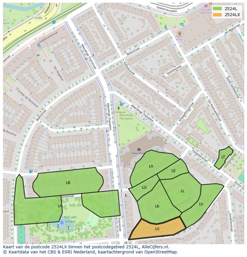Afbeelding van het postcodegebied 2524 LX op de kaart.