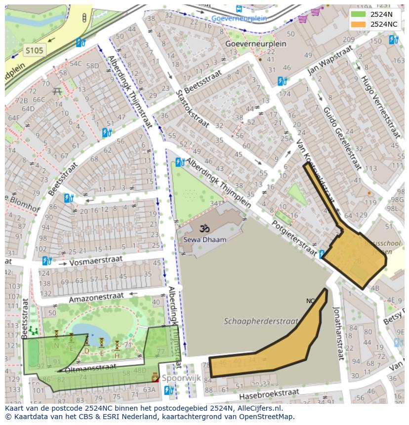 Afbeelding van het postcodegebied 2524 NC op de kaart.