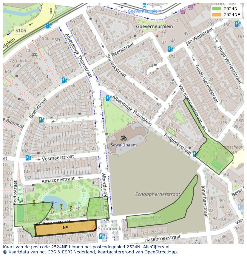 Afbeelding van het postcodegebied 2524 NE op de kaart.