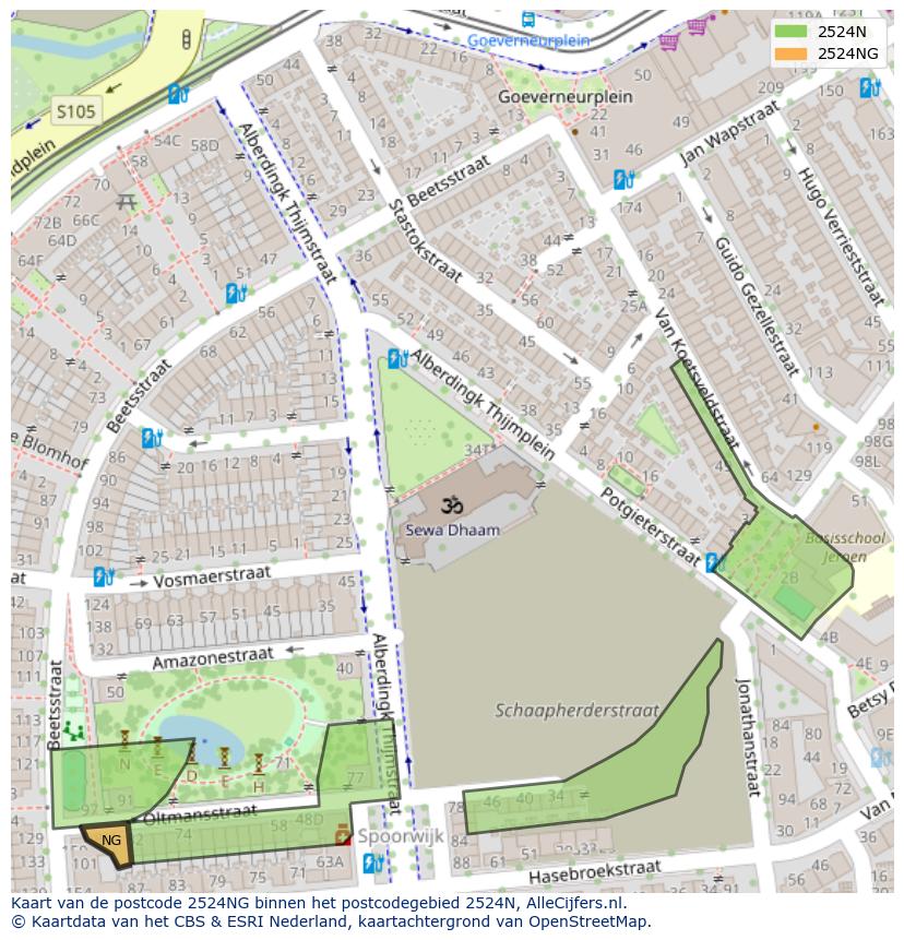 Afbeelding van het postcodegebied 2524 NG op de kaart.