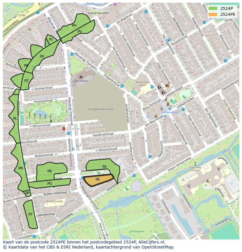 Afbeelding van het postcodegebied 2524 PE op de kaart.