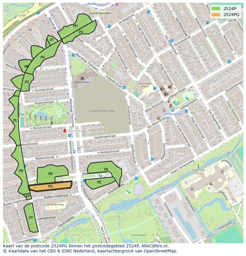 Afbeelding van het postcodegebied 2524 PG op de kaart.