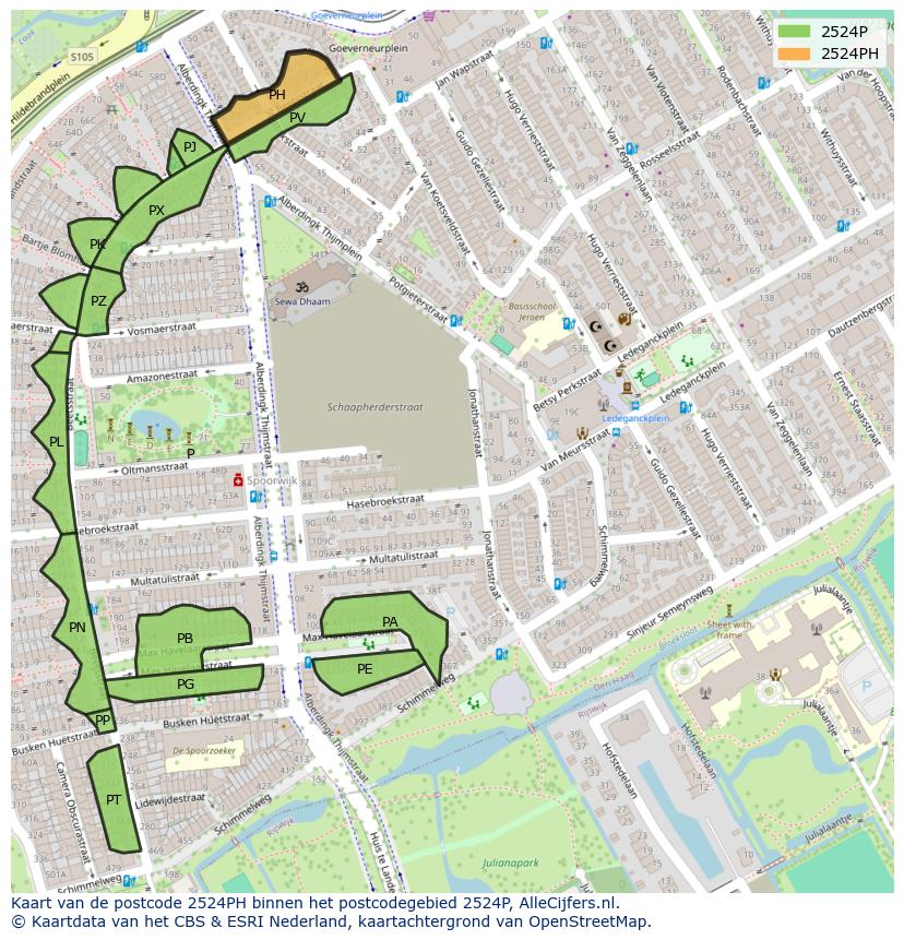 Afbeelding van het postcodegebied 2524 PH op de kaart.