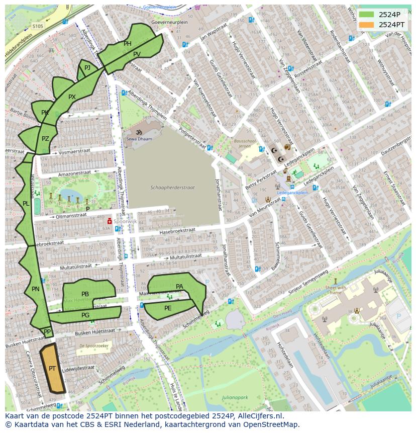 Afbeelding van het postcodegebied 2524 PT op de kaart.