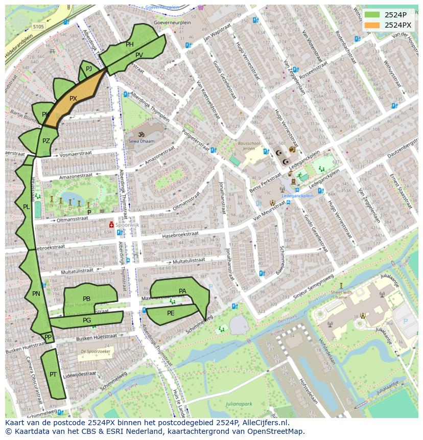 Afbeelding van het postcodegebied 2524 PX op de kaart.