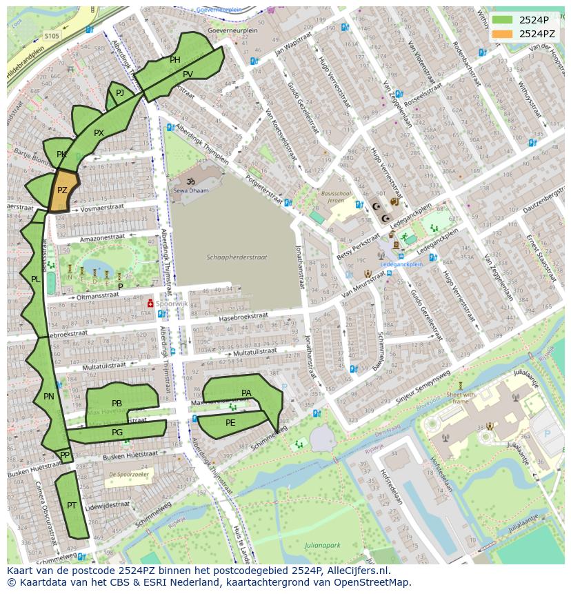 Afbeelding van het postcodegebied 2524 PZ op de kaart.