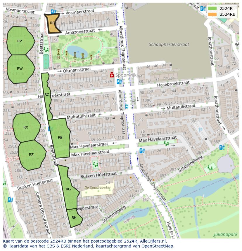 Afbeelding van het postcodegebied 2524 RB op de kaart.