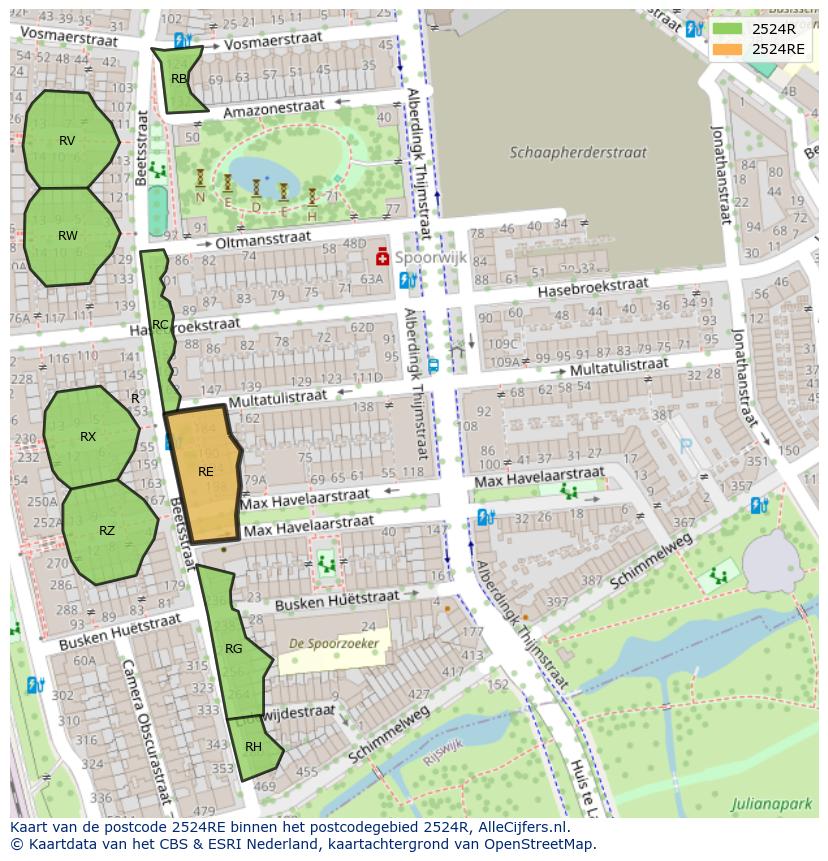 Afbeelding van het postcodegebied 2524 RE op de kaart.