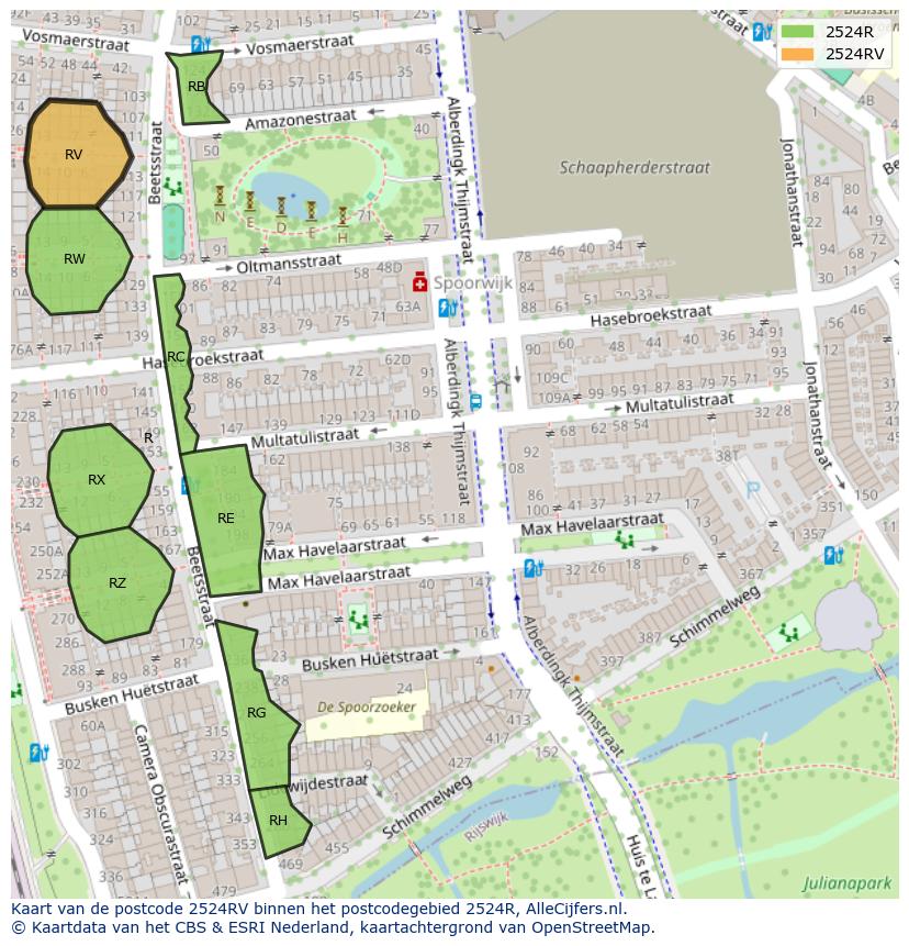 Afbeelding van het postcodegebied 2524 RV op de kaart.