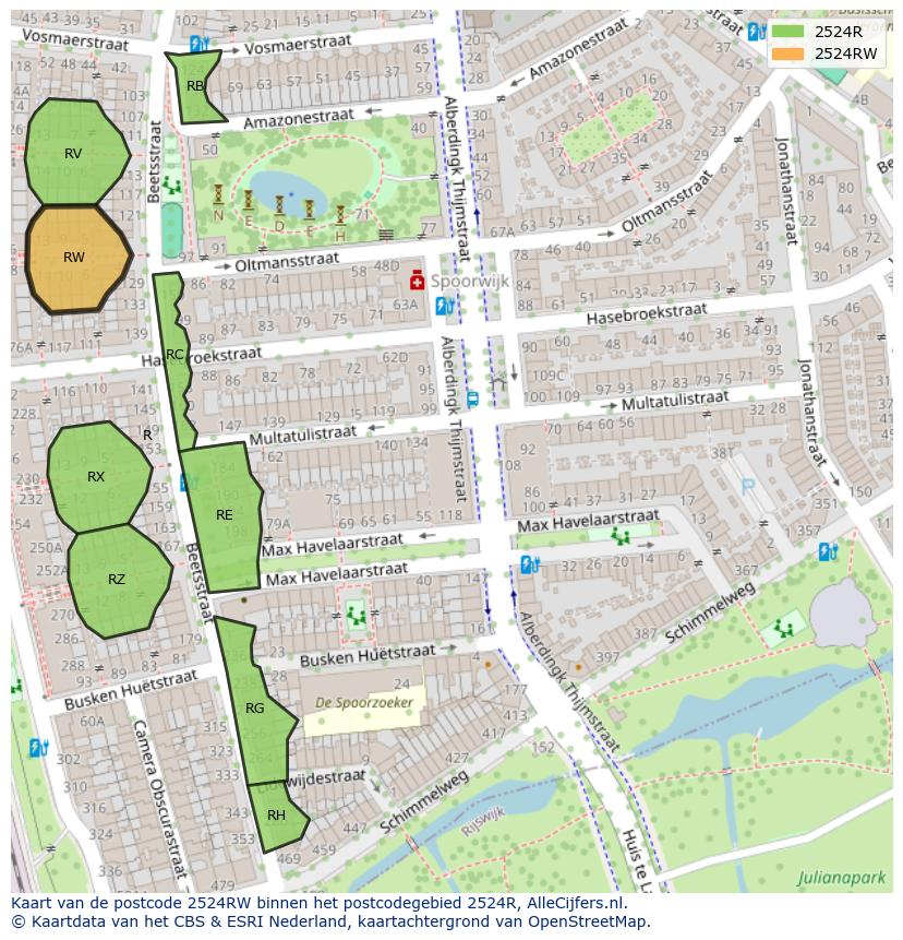 Afbeelding van het postcodegebied 2524 RW op de kaart.