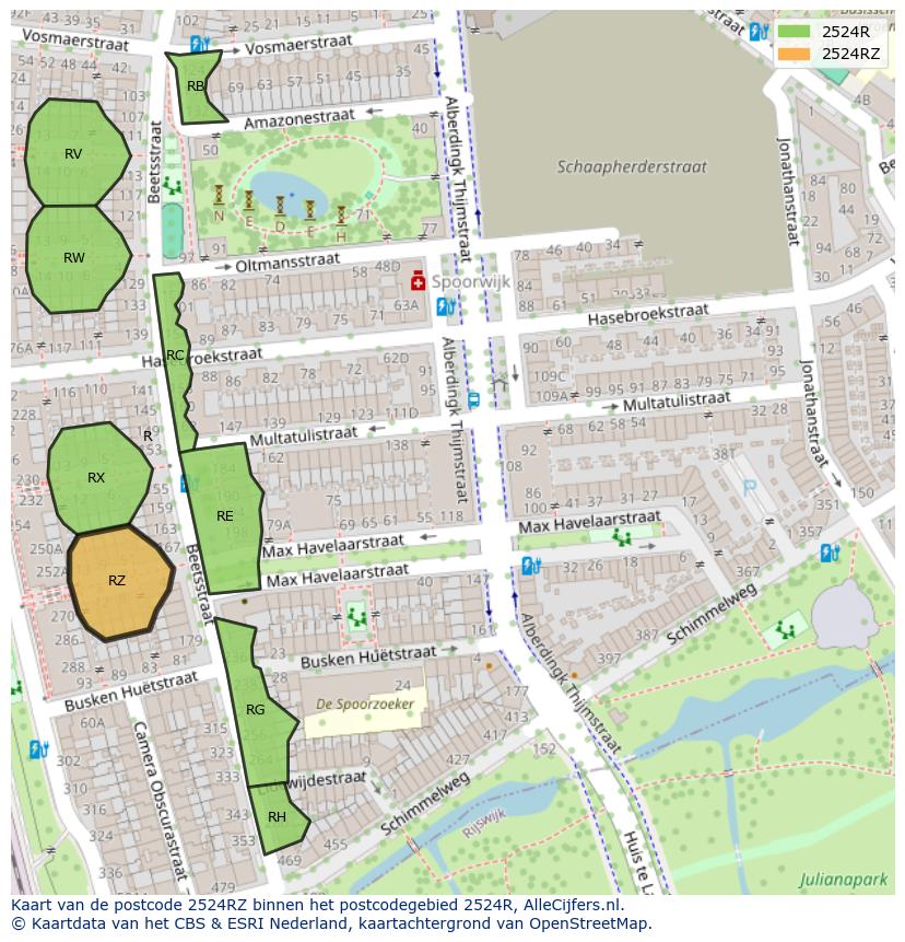 Afbeelding van het postcodegebied 2524 RZ op de kaart.