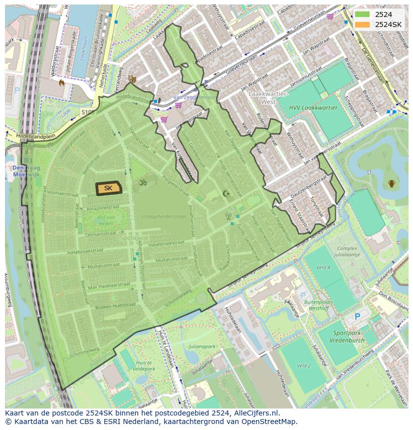 Afbeelding van het postcodegebied 2524 SK op de kaart.