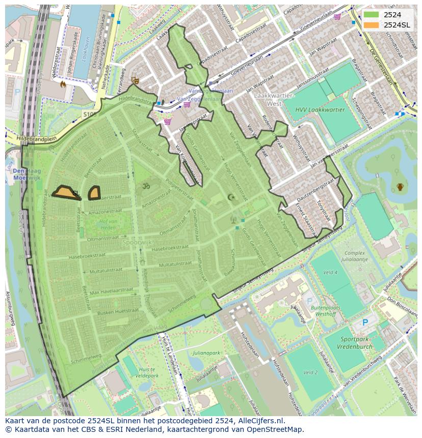 Afbeelding van het postcodegebied 2524 SL op de kaart.