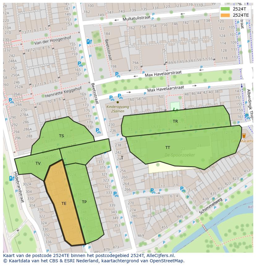 Afbeelding van het postcodegebied 2524 TE op de kaart.