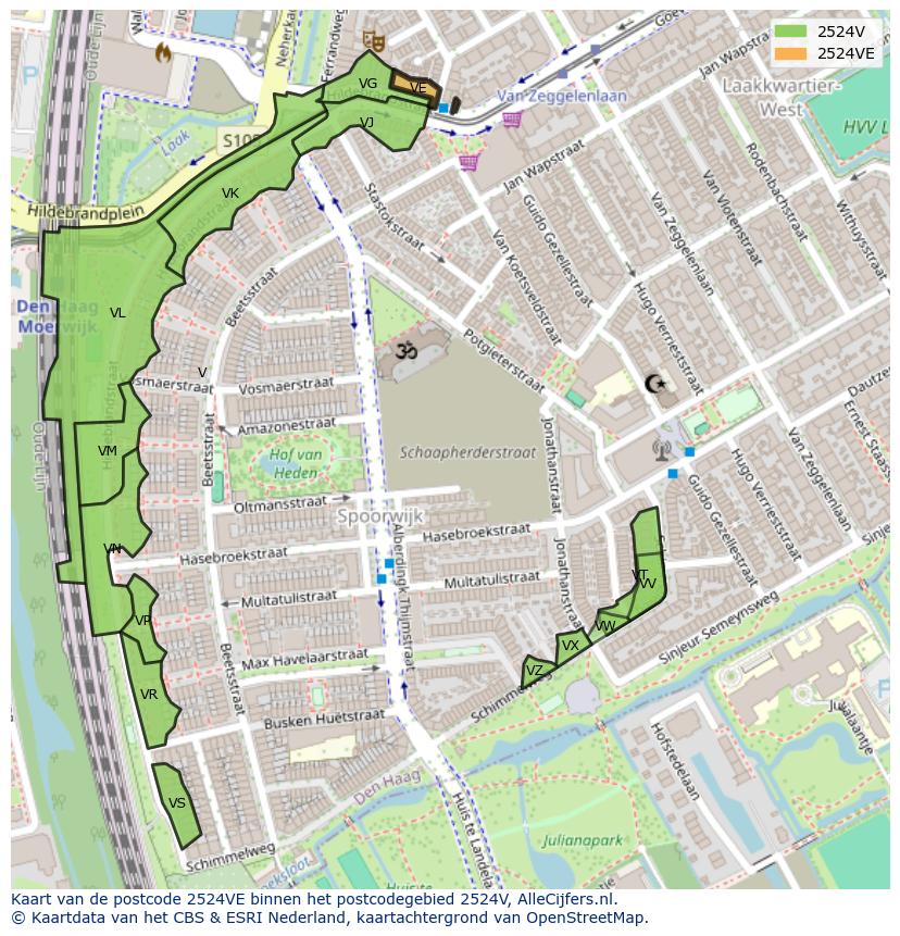 Afbeelding van het postcodegebied 2524 VE op de kaart.