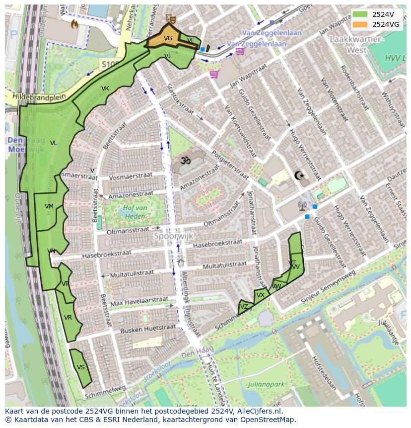 Afbeelding van het postcodegebied 2524 VG op de kaart.