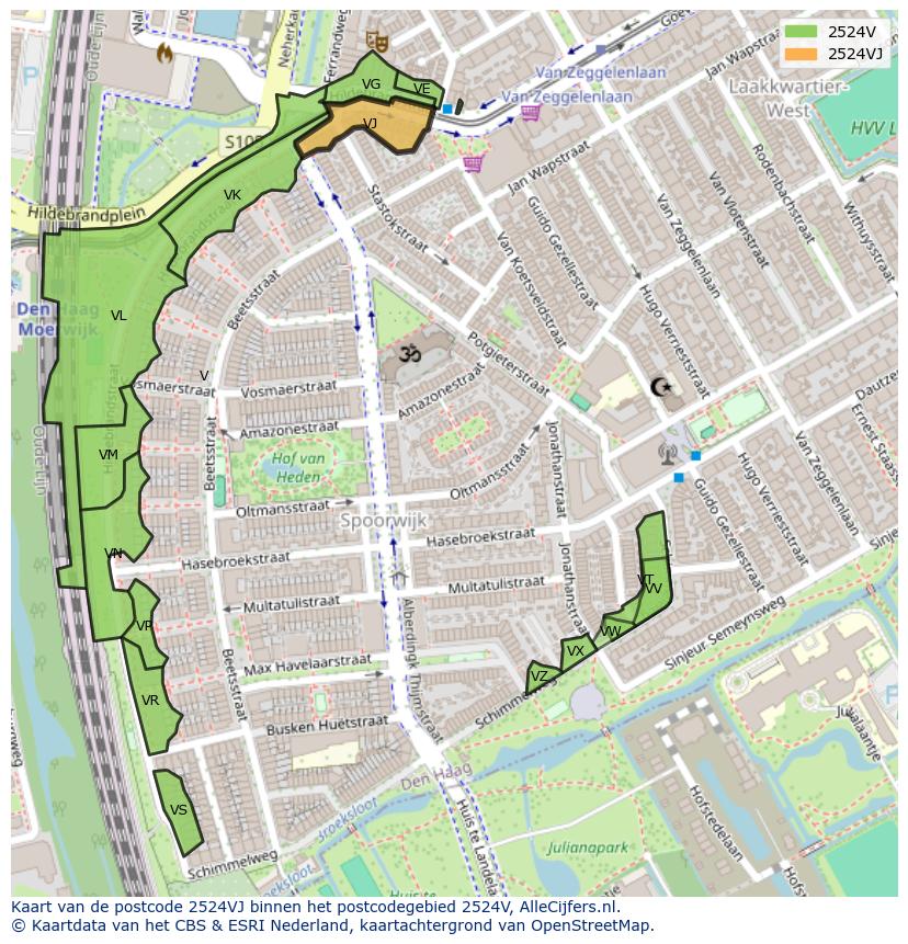 Afbeelding van het postcodegebied 2524 VJ op de kaart.