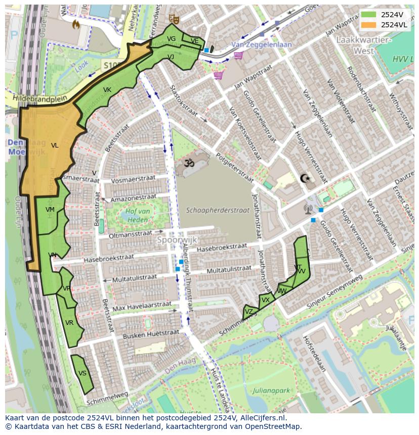 Afbeelding van het postcodegebied 2524 VL op de kaart.