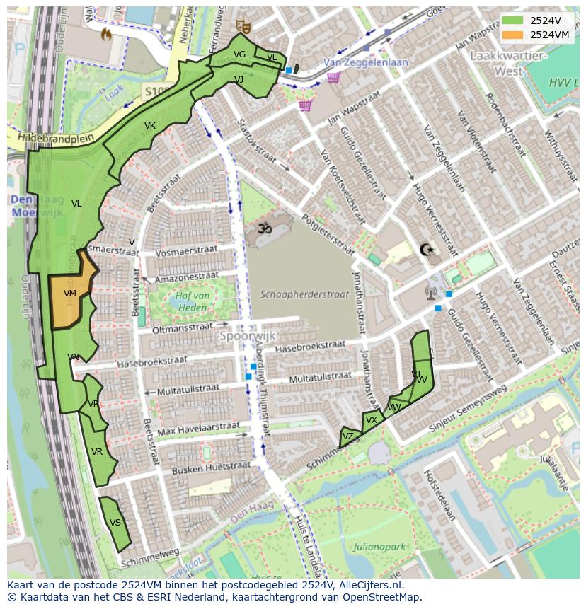 Afbeelding van het postcodegebied 2524 VM op de kaart.